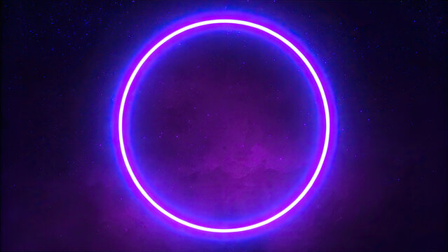 Empty rotating frame with neon circle animation concept. A vibrant neon circle glowing against a cosmic background.