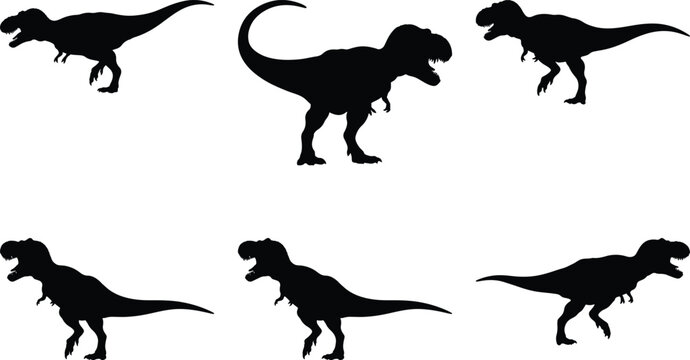 Collection of six black silhouette Tyrannosaurus Rex dinosaurs in various dynamic poses against a white background.