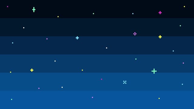 8-bit pixel art colorful stars in the navy blue sky. looped animation 4k 30fps