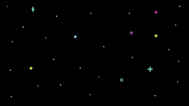 8-bit pixel art colorful stars in the black sky. looped animation 4k 30fps