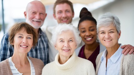 Obraz premium Group of diverse seniors smiling together outdoors in sunny setting 