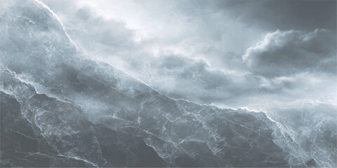 A dark storm clouds the sky over a cold sea view where nature meets the high snow peak of a mountain wave © PIXEL