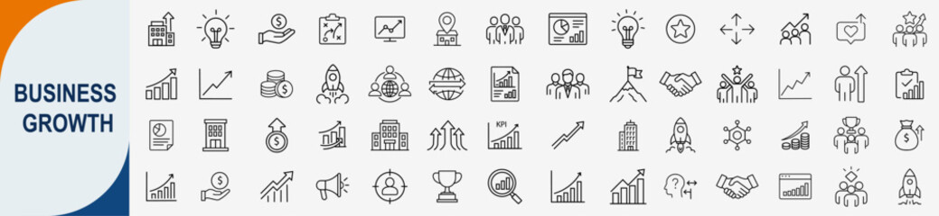 Obraz premium Business growth and success icons set, outline symbols for financial strategy startup development investment revenue analytics and corporate achievement vector illustration