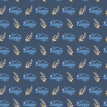 Seamless Easter pattern with Happy Easter text in cursive and pussy willow branches on dark blue background, festive seasonal design for wrapping paper and holiday decor