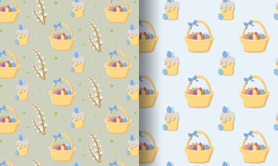 Seamless Easter pattern with Easter text in cursive and pussy willow branches on dark blue background, festive seasonal design for wrapping paper and holiday decor © Lipitorika