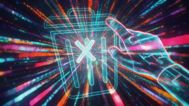 Futuristic Digital Trash Can Icon with Robotic Hand and High Speed Data Motion Trails