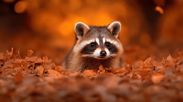 Curious raccoon peeking through orange autumn forest leaves