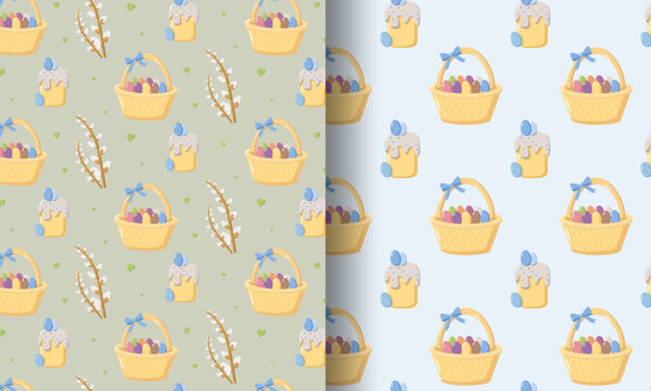 Seamless Easter pattern with Easter text in cursive and pussy willow branches on dark blue background, festive seasonal design for wrapping paper and holiday decor
