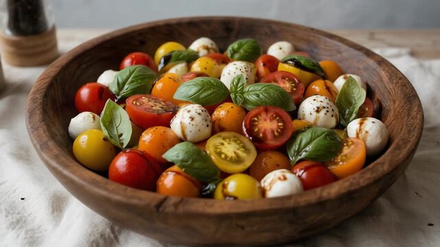 Fresh Caprese Salad with Cherry Tomatoes, Mozzarella Balls and Basil in Wooden Bow