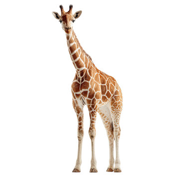 A giraffe stands alone against a plain white background, looking directly at the camera. isolated on transparent background