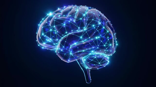 Human Brain Hologram with Glowing Digital Neural Network and Connecting Lines