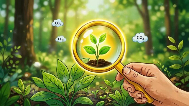 Magnifying Glass Focusing on Young Green Plant for CO2 Absorption and Ecology Concept