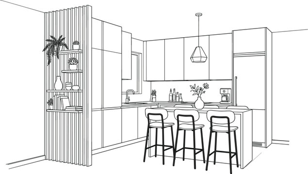 Modern kitchen interior perspective featuring a vertical wood slat room divider with integrated shelving and breakfast bar.