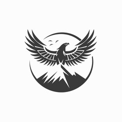 Obraz premium Soaring eagle silhouette over mountain peaks in circular emblem design