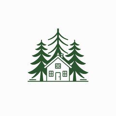 Fototapeta premium Cabin surrounded by evergreen trees graphic vector illustration design