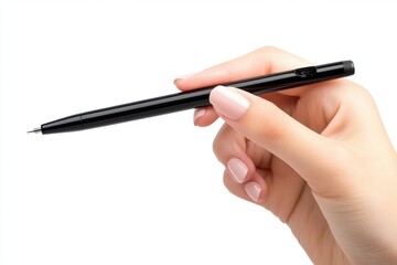 Naklejka premium A woman's hand holds a black ballpoint pen. White background