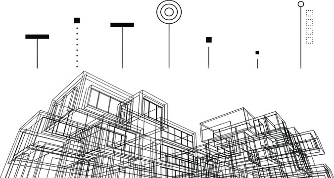 Modular smart city building wireframe featuring abstract data visualization markers, UI/UX infographic nodes, and complex geometric structural grids.