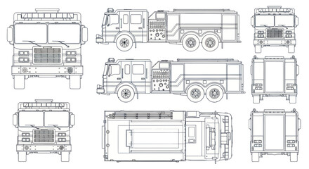 Fire Truck Blueprint - Multi-Angle Technical Drawing of a Fire Engine © siti