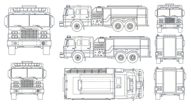 Fire Truck Blueprint - Multi-Angle Technical Drawing of a Fire Engine