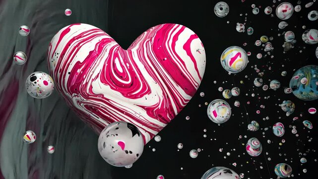 A large, swirled heart and floating orbs of various sizes and patterns on a dark backdrop