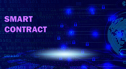 Fototapeta premium Smart Contract text on a dark blue digital background with binary code, glowing globe, and padlock icons, representing blockchain technology and secure transactions.