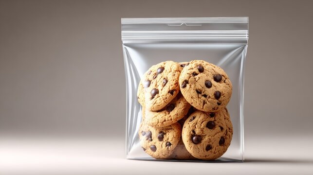 Transparent ziplock bag filled with freshly baked chocolate chip cookies arranged neatly, showcasing their golden-brown color and chocolate chips against a neutral background