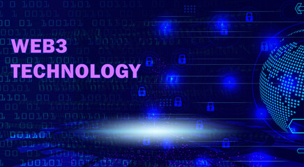 Fototapeta premium Web3 Technology concept background with glowing pink text, digital binary code, and a blue globe icon, representing decentralized internet and blockchain innovation.