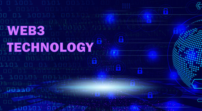 Web3 Technology concept background with glowing pink text, digital binary code, and a blue globe icon, representing decentralized internet and blockchain innovation.