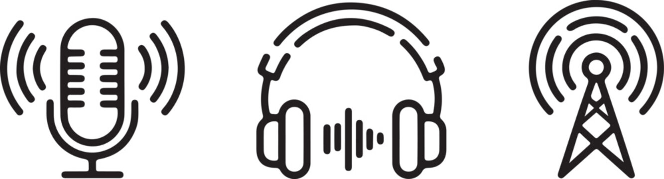 microphone headphone radio tower audio sound outline icon set vector illustration 