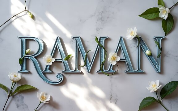 Beautiful decorative text spelling raman surrounded by delicate white flowers and leaves