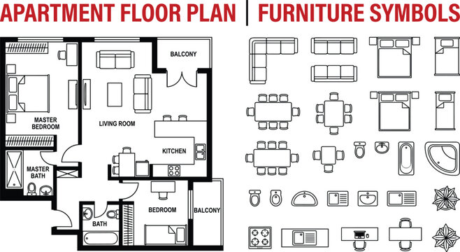 Professional 2D apartment floor plan with master bedroom and integrated furniture symbols library for interior architectural design