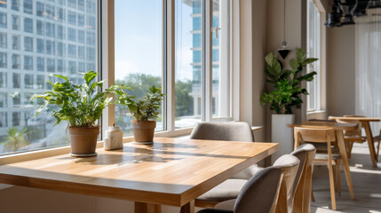 Obraz premium Bright wooden table by large window with potted plants, modern chairs, and natural sunlight