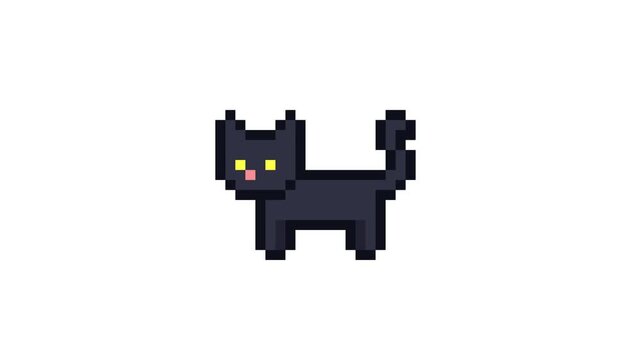 8-bit pixel art black cat wagging its tail. looped animation 4k 30fps