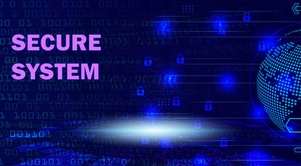 Obraz premium Secure System text on a dark blue digital background with binary code, glowing locks, and a shimmering global network sphere, representing cybersecurity and data protection.