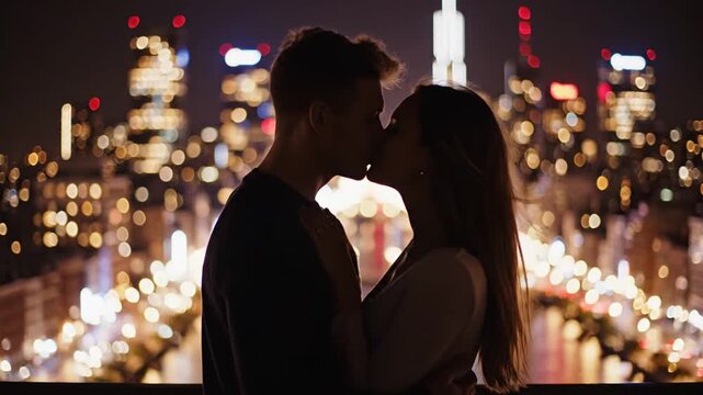 Couple Embracing in Front of City Skyline at Night.