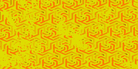 Vibrant yellow and orange geometric hexagon pattern with distressed grunge effect creating a bold abstract background.