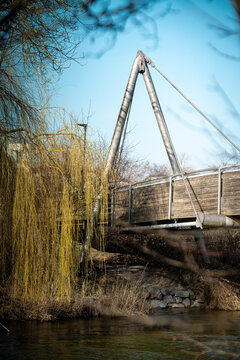 Wooden Bridge Over Amper River In Emmering: Riverside Landscape Between Olching And Fuerstenfeldbruck Near Munich Bavaria