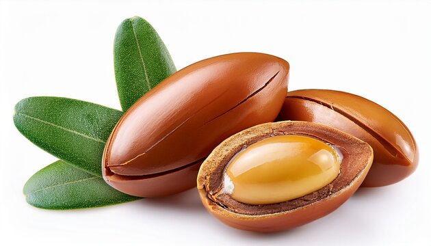 argan nuts with green leaves on an isolated white background chopped argan nut with a drop of oil whole and half moroccan argania spinosa seeds for the production of oil