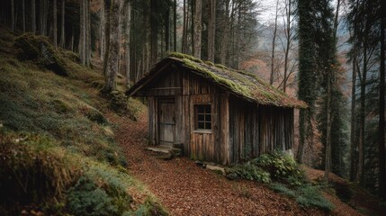 Cozy rustic wooden cabin nestled in a peaceful forest glade with mossy roof, surrounded by autumn foliage and tall trees in tranquil natural setting
