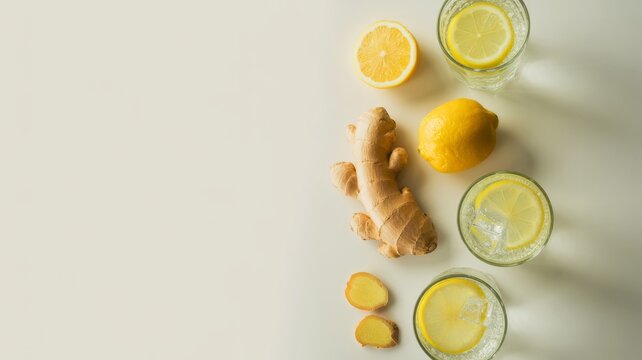 Fresh lemons, ginger root, and glasses of lemon-infused water with ice are arranged on a light surface, evoking a refreshing, healthy beverage setting.