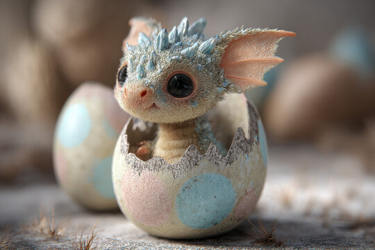 Adorable baby dragon hatching from pastel Easter egg, cute fantasy creature in broken shell, Easter fantasy art