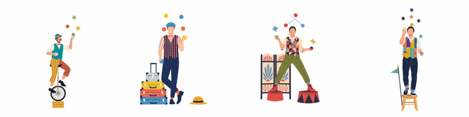 Illustration of circus performers juggling balls and balancing on unicycles, suitcases, and stools in a clean, colorful flat vector style. © Reno