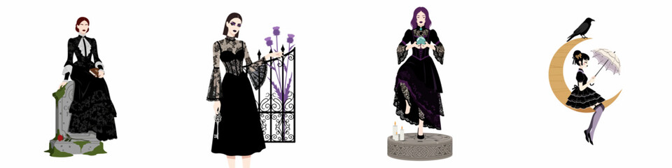 Naklejka premium Set of four gothic and mystical female character illustrations featuring Victorian fashion, witchcraft elements, and dark fantasy themes on a white background.