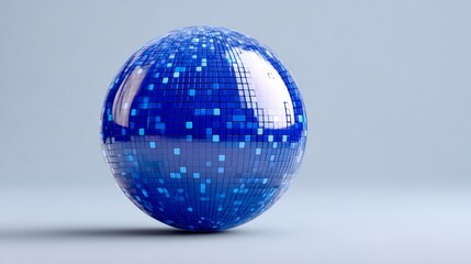 Blue disco ball with reflective surface and square tiles, positioned on a smooth gray surface, creating a vibrant and dynamic visual effect in a minimalist setting