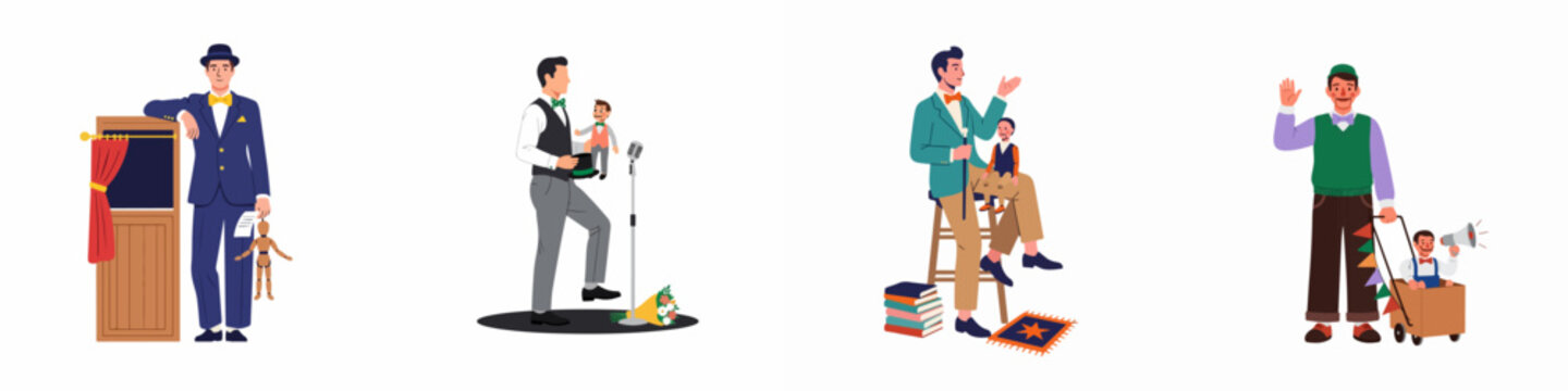 Vector illustration set of ventriloquists performing with puppets, including a stage, microphone, and props, isolated on a white background.