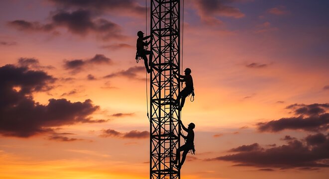 Three industrial workers scale a lattice tower against a vibrant orange and purple sunset, highlighting teamwork and bravery in high-altitude maintenance and construction.
