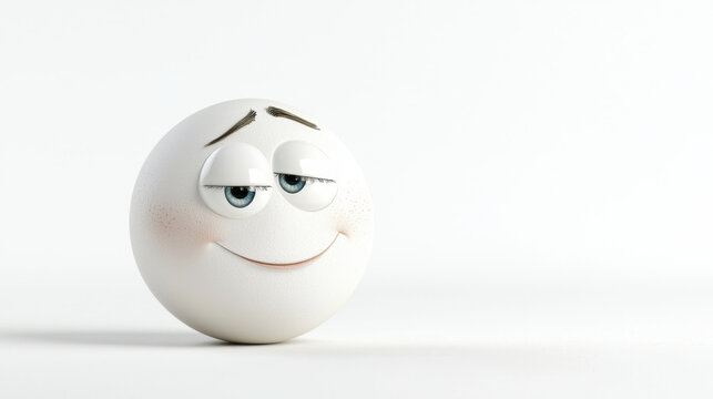 Cartoon face with bashful expression, featuring round shape, large eyes, and subtle smile, evokes playful mood