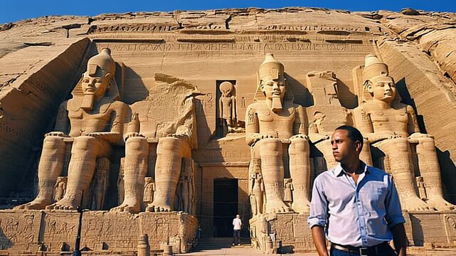 Tourist admiring colossal statues at Abu Simbel, Egypt &ndash; Ancient Egyptian architecture and heritage travel photography.