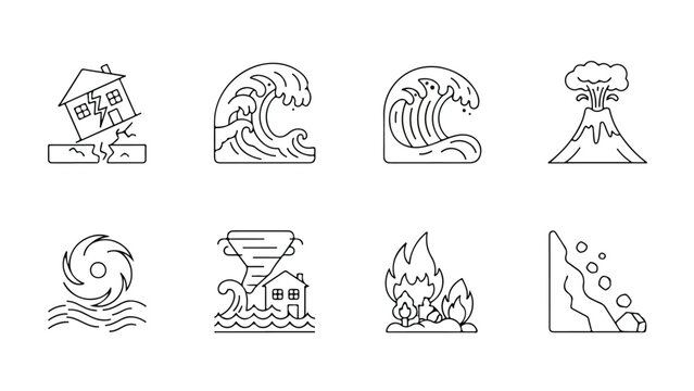 A set of eight line icons depicting various natural disasters on a white background.