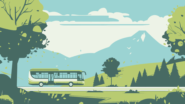 Scenic bus journey through lush green mountain landscape with trees and clear skies, flat vector illustration of sustainable travel